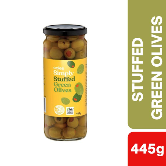 [Expiry: 26/05/2028] Coles Stuffed Green Olives 445g
