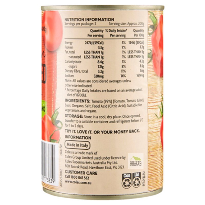 [Expiry Date: 29/08/2027]  Coles Italian Crushed Tomatoes Basil & Oregano 400g