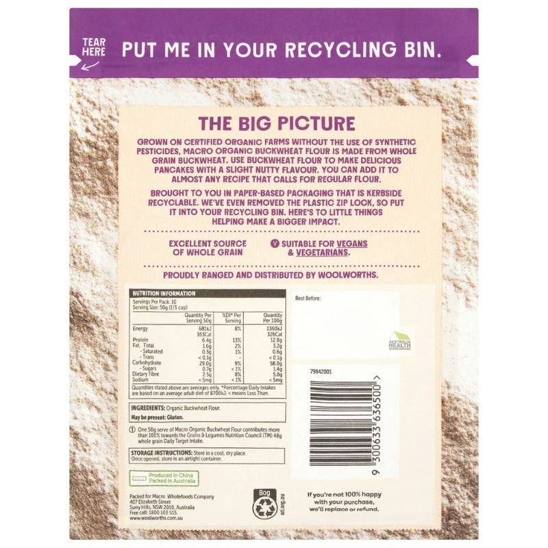 [CLEARANCE Expiry: 20/06/2026] Woolworths Macro Organic Buckwheat Flour 500g