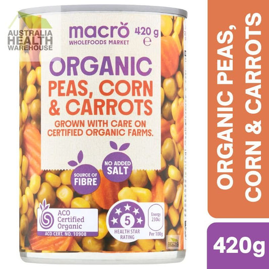 [Expiry Date: 09/2027] Woolworths Macro Organic Peas, Corn & Carrots 420g