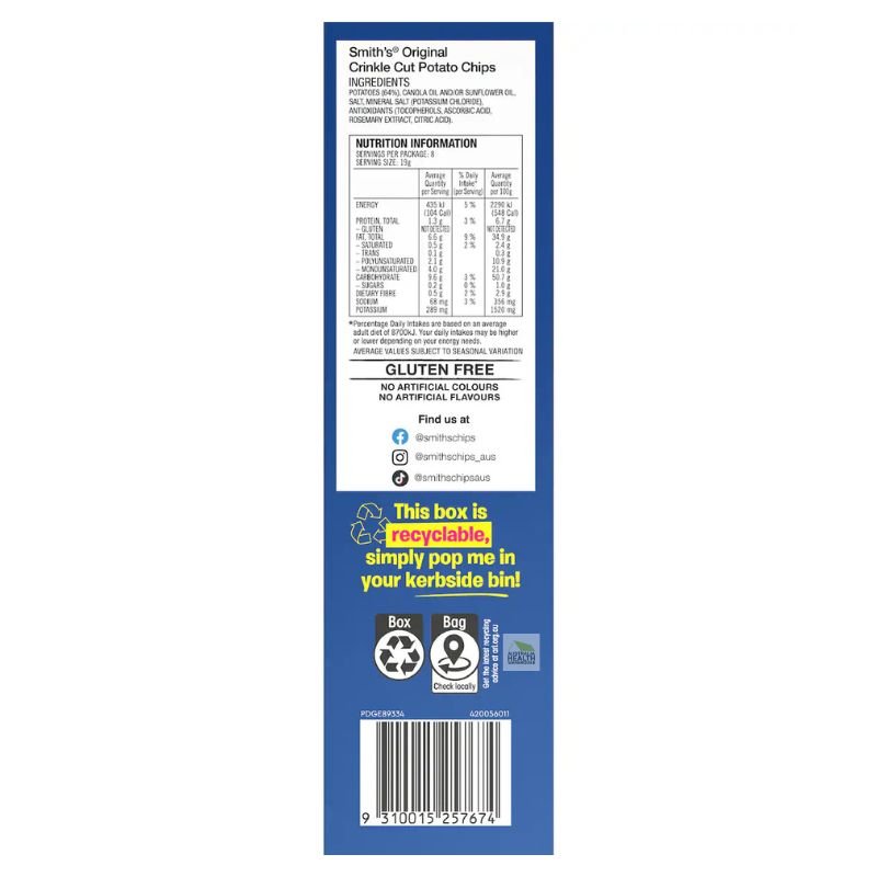 [CLEARANCE Expiry: 22/02/2026] Smith's Original Crinkle Cut Potato Chips 8 x 19g Pack