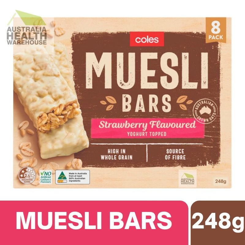 [Expiry: 19/07/2025] Coles Muesli Bars Strawberry Flavoured Yoghurt Topped 8 Pack 248g