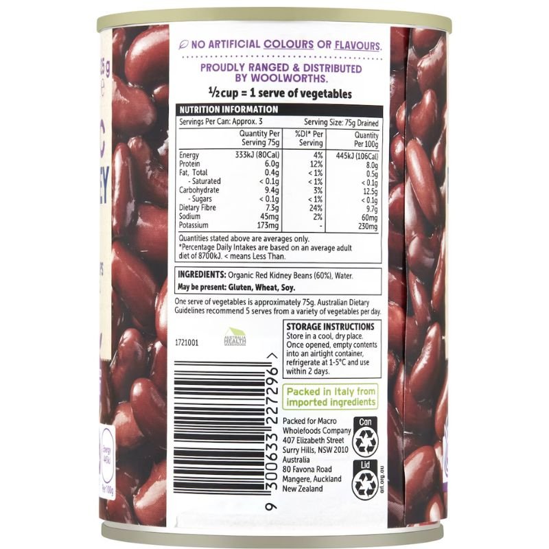 [Expiry: 05/2028] Woolworths Macro Organic Red Kidney Beans No Added Salt 425g