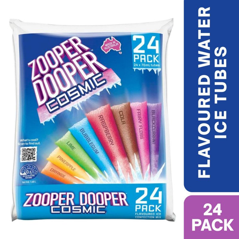 [Expiry Date: 23/12/2027] Zooper Dooper 8 Cosmic Flavours Water Ice 70mL Tubes 24 Pack