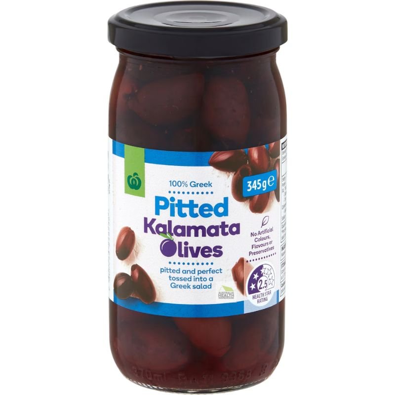 [Expiry Date: 16/10/2027]  Woolworths Pitted  Kalamata Olives 345g