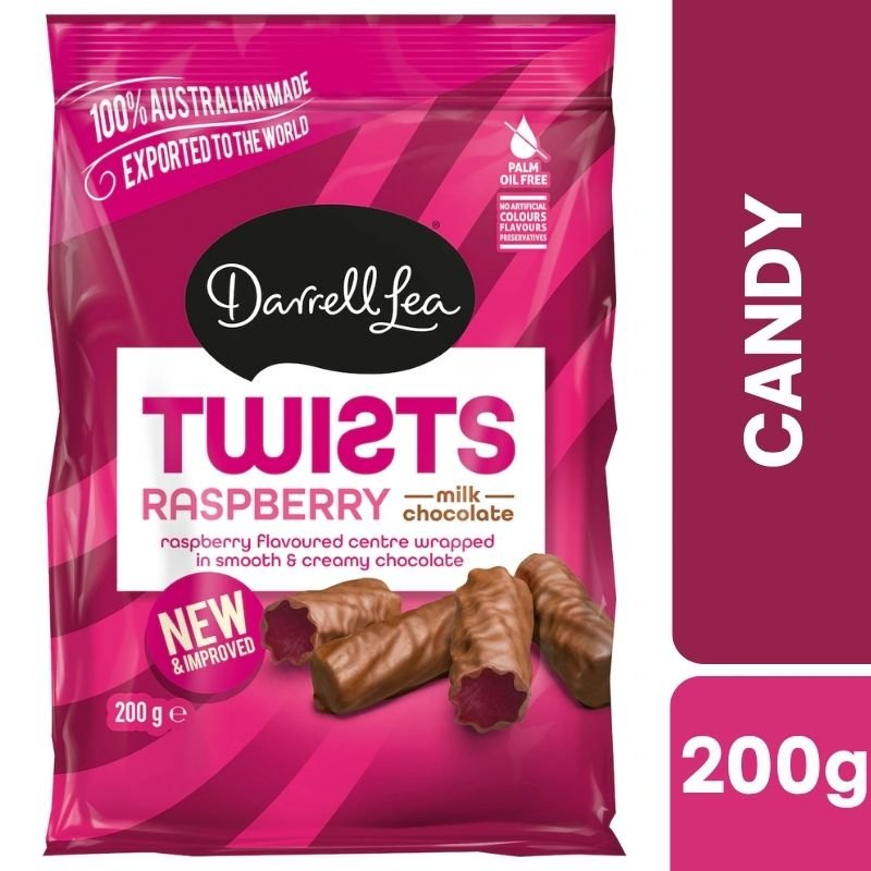 [Expiry Date: 18/05/2027] Darrell Lea Milk Chocolate Liqourice Raspberry Twists 200g