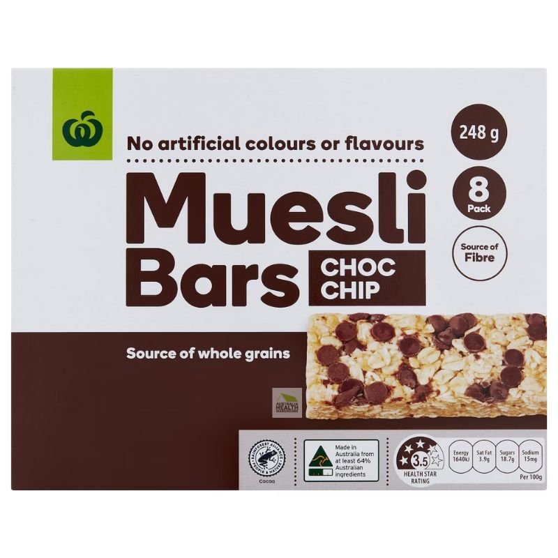 [CLEARANCE Expiry Date: 04/08/2026] Woolworths Muesli Bars Choc Chip 8 Pack 248g
