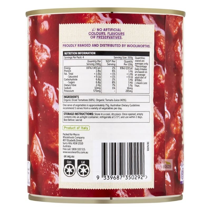 Woolworths Macro Organic Diced Italian Tomatoes 800g