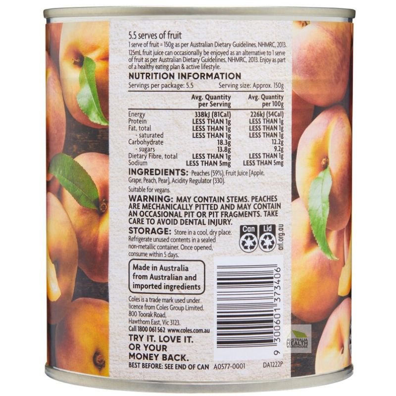 [Expiry Date: 03/2027] Coles Australian Peach Slices In Juice 825g