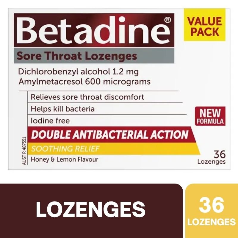 [Expiry Date: 09/2028] Betadine Sore Throat Lozenges Soothing Honey & Lemon Flavour 36 Pack