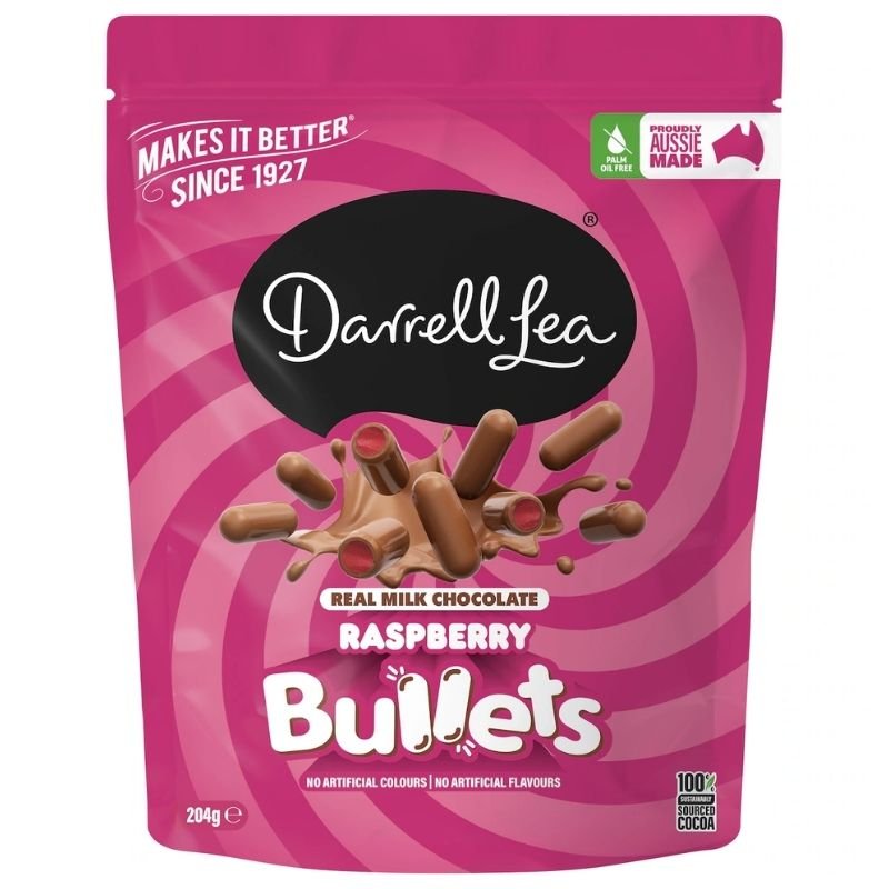 [Expiry Date: 15/06/2027] Darrell Lea Milk Chocolate Raspberry Bullets 204g
