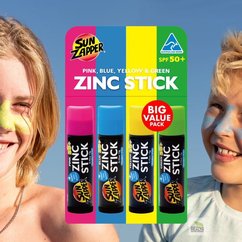 Sun Zapper Zinc Sticks SPF 50+ Mixed Pack 4 x 12g Pink, Blue, Yellow & Green