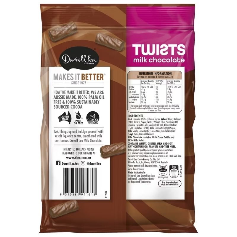 [Expiry Date: 06/07/2027]  Darrell Lea Milk Chocolate Liquorice Twists 200g