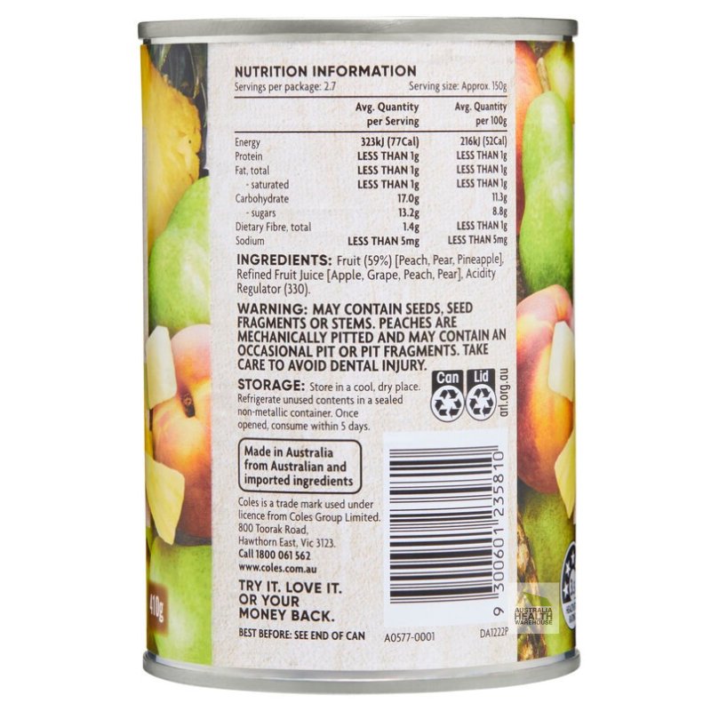 [Expiry Date: 08/2027]  Coles Australian Fruit Salad in Juice 410g