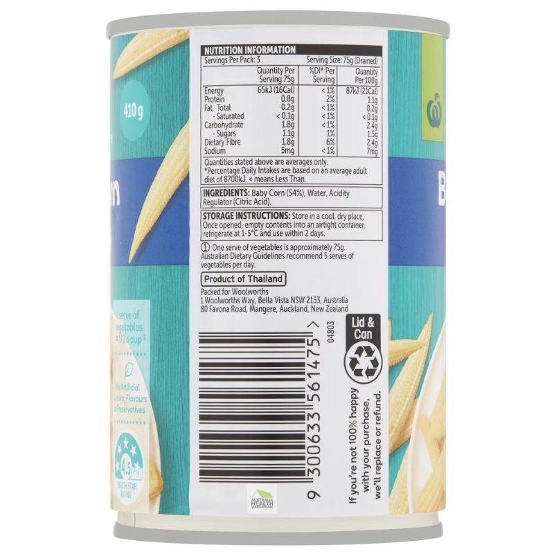 [Expiry: 30/04/2027] Woolworths Baby Corn Spears 410g|Oz Mart