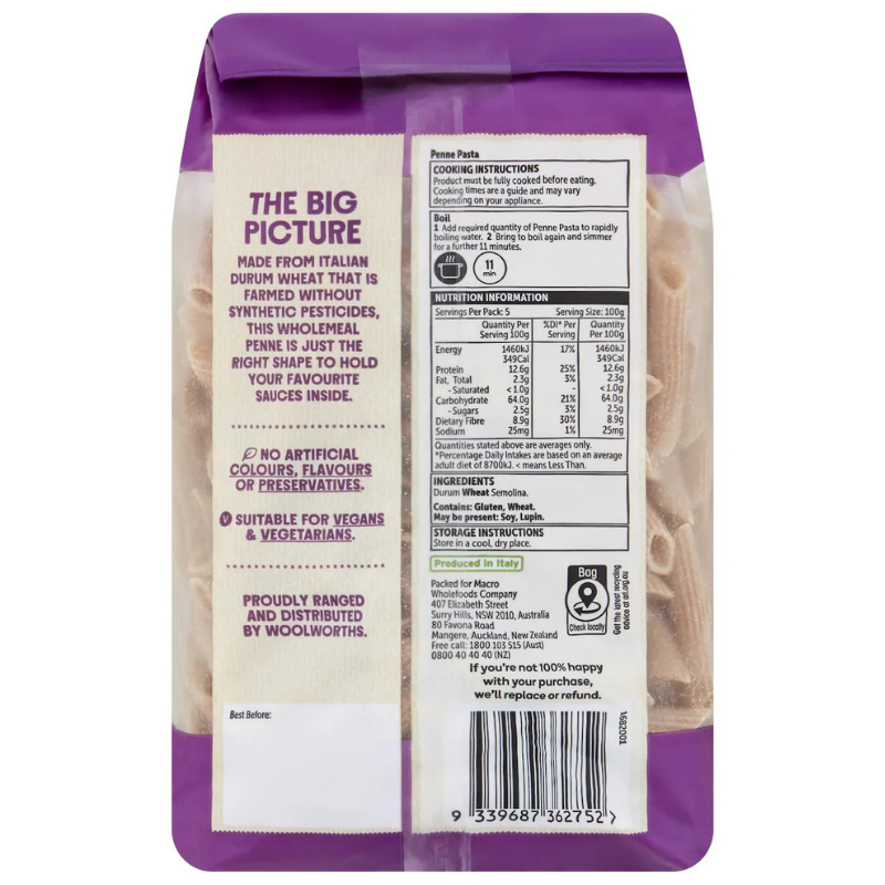 [Expiry: 06/2027] Woolworths Marco Organic Wholemeal Penne 500g