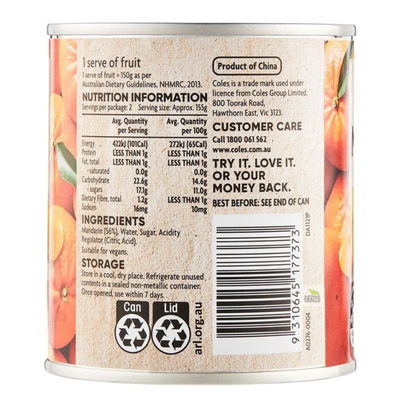 Coles Mandarin Segments in Syrup 310g