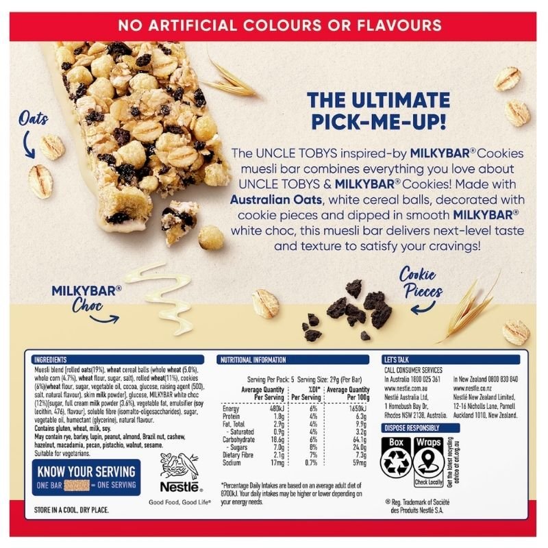 Uncle Tobys Muesli Bar Milkybar Cookies 5 Pack 145g