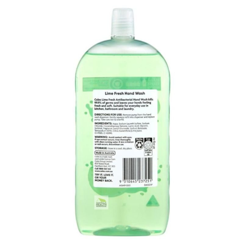 Coles Antibacterial Hand Wash Refill Lime Fresh 1 Litre