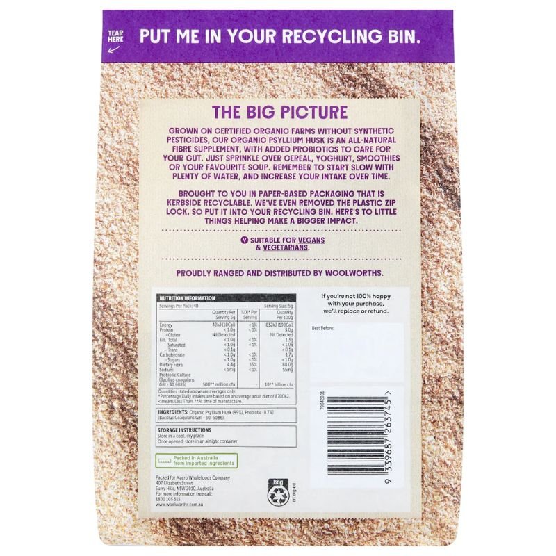 [Expiry: 18/01/2027] Woolworths Macro Organic Psyllium Husk with Probiotics 200g