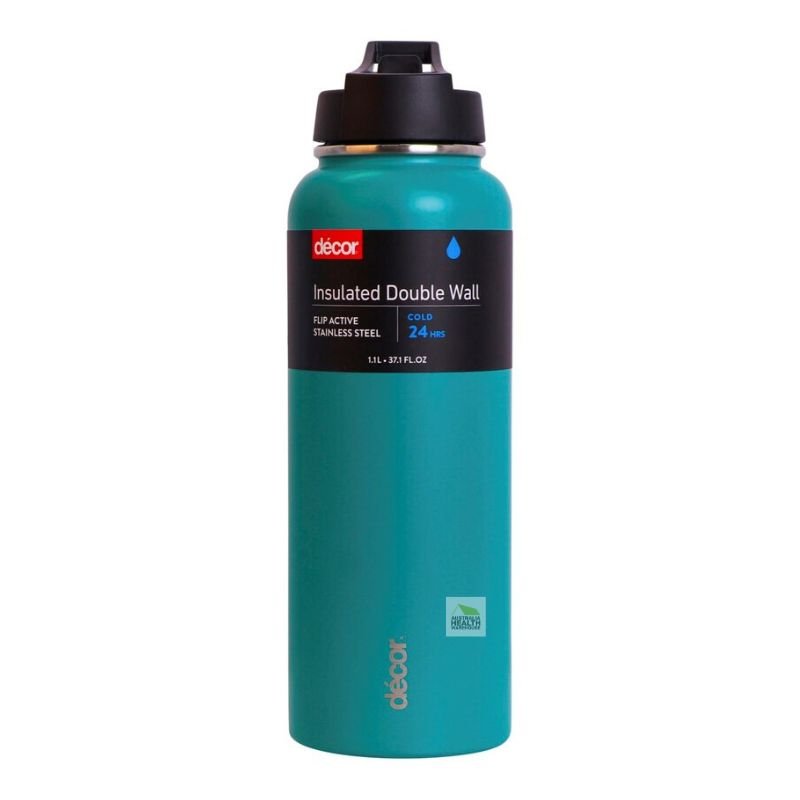 Decor Insulated Double Wall Flip Active Stainless Steel Bottle 1.1 Litre (BLACK)