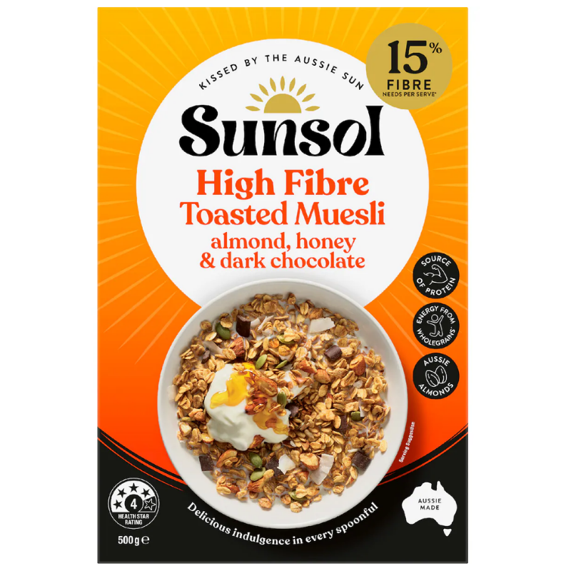 [Expiry Date: 13/05/2027] Sunsol High Fibre Toasted Muesli Almond, Honey & Dark Chocolate 500g
