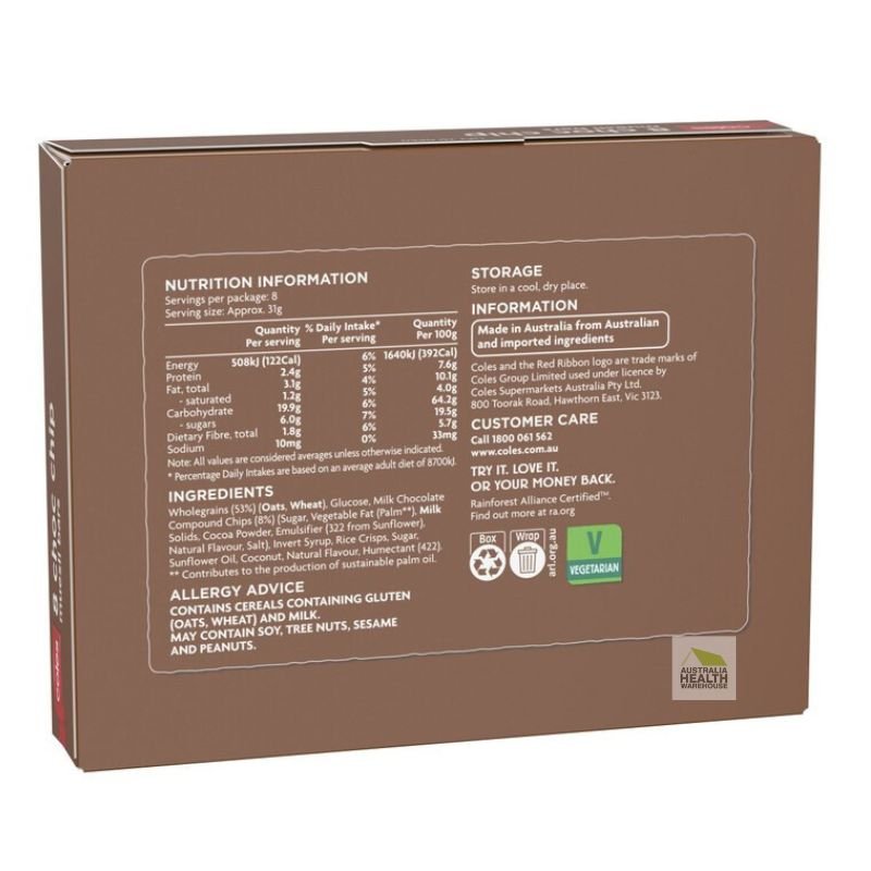 [Expiry: 26/11/2025] Coles Muesli Bars Choc Chips 8 Pack 248g