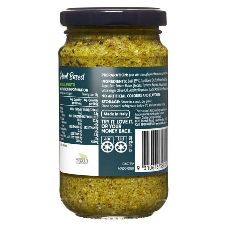 [Expiry Date: 05/07/2027] Coles Nature's Kitchen Plant Based Basil Pesto 180g