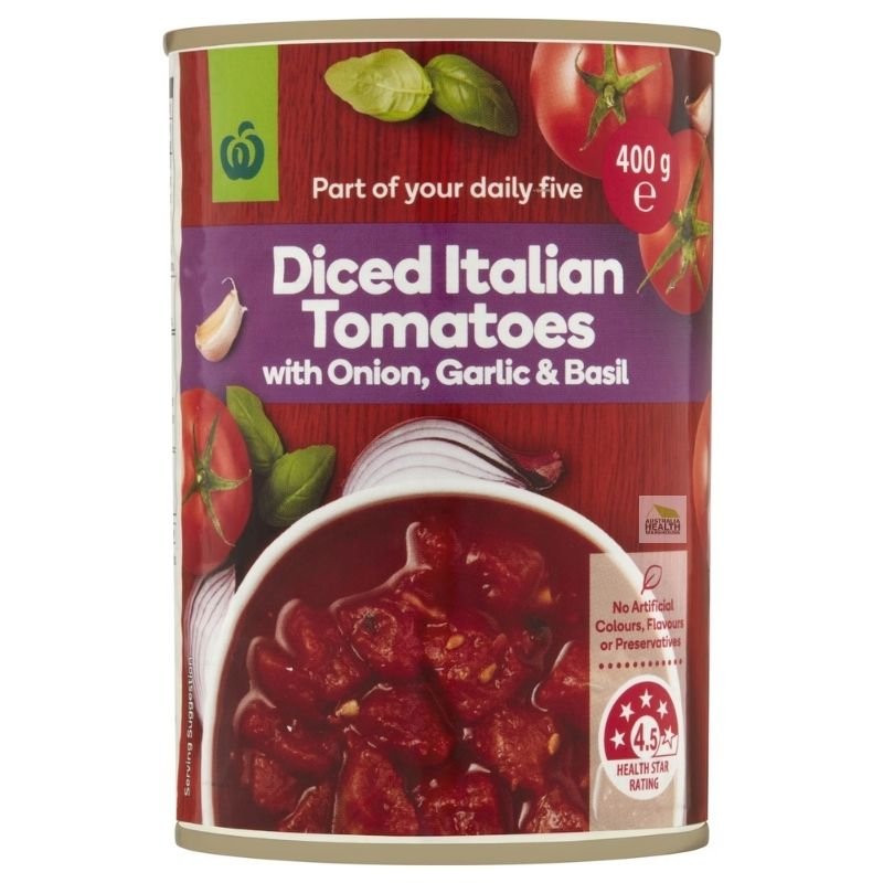 [Expiry: 31/08/2028] Woolworths Italian Tomatoes With Onion Garlic & Basil 400g