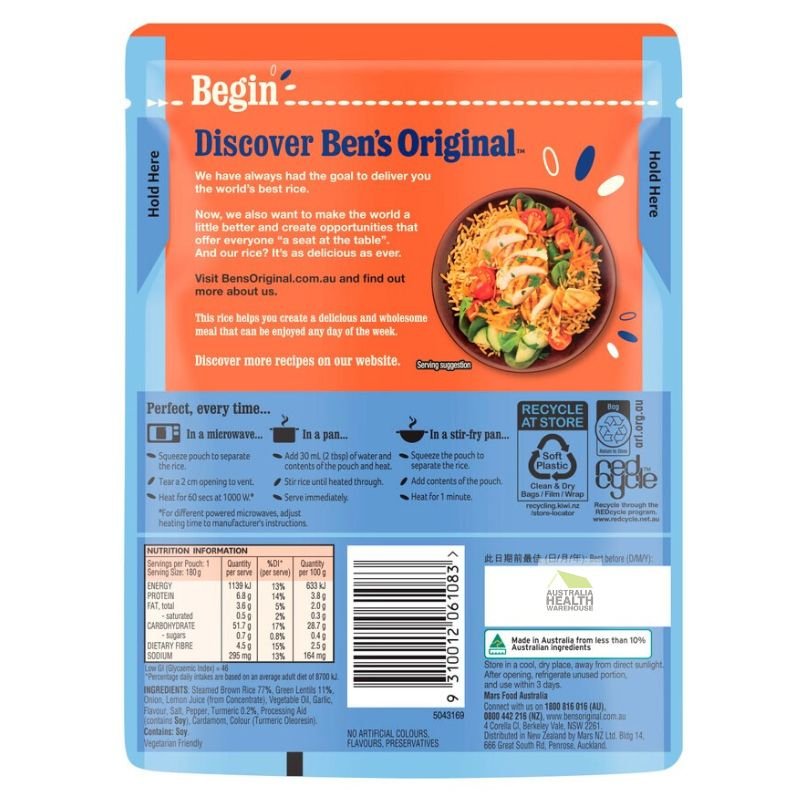 [CLEARANCE Expiry: 17/02/2025] Ben's Original Protein+ Lentils, Turmeric & Brown Rice Pouch 180g