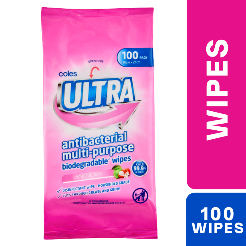 [Expiry: 01/2028] Coles Ultra Antibacterial Lychee Bloom Multipurpose 100 Wipes