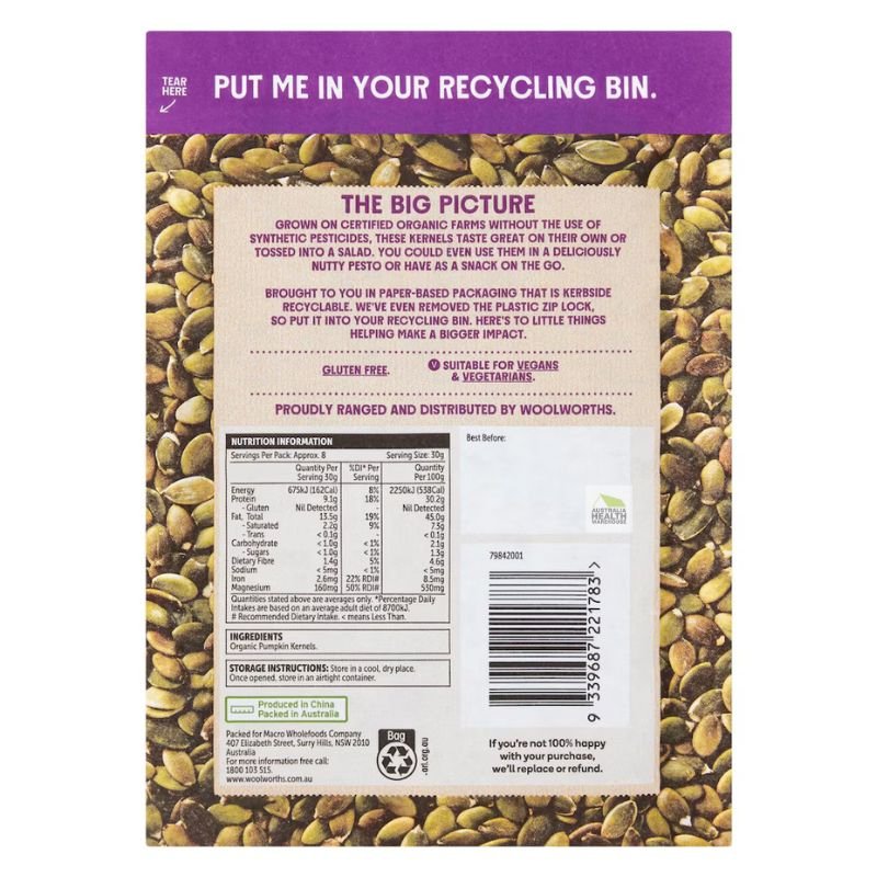 [CLEARANCE Expiry: 20/06/2026] Woolworths Macro Organic Pumpkin Kernels 250g