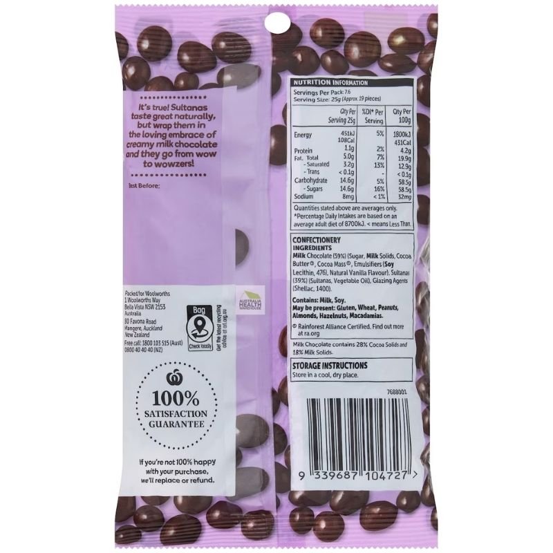 [Expiry:02/02/2027] Woolworths Milk Chocolate Sultanas 190g