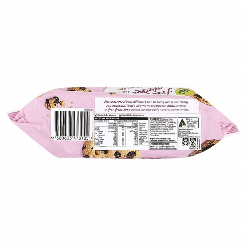 [Expiry Date: 27/10/2026] Woolworths Free From Gluten Chocolate Chip Biscuits 160g