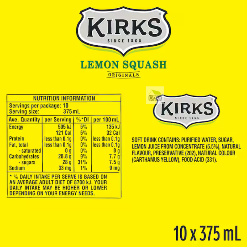 Kirks Lemon Squash Soft Drink Cans - 10 x 375mL