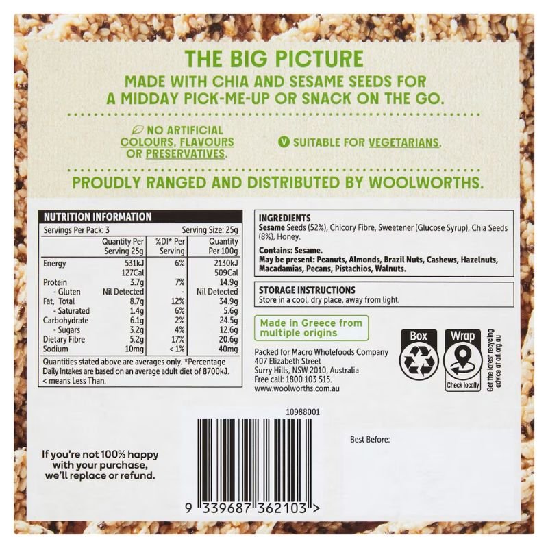 [Expiry: 07/11/2026] Woolworths Macro Chia Sesame Snaps 3 x 25g Pack