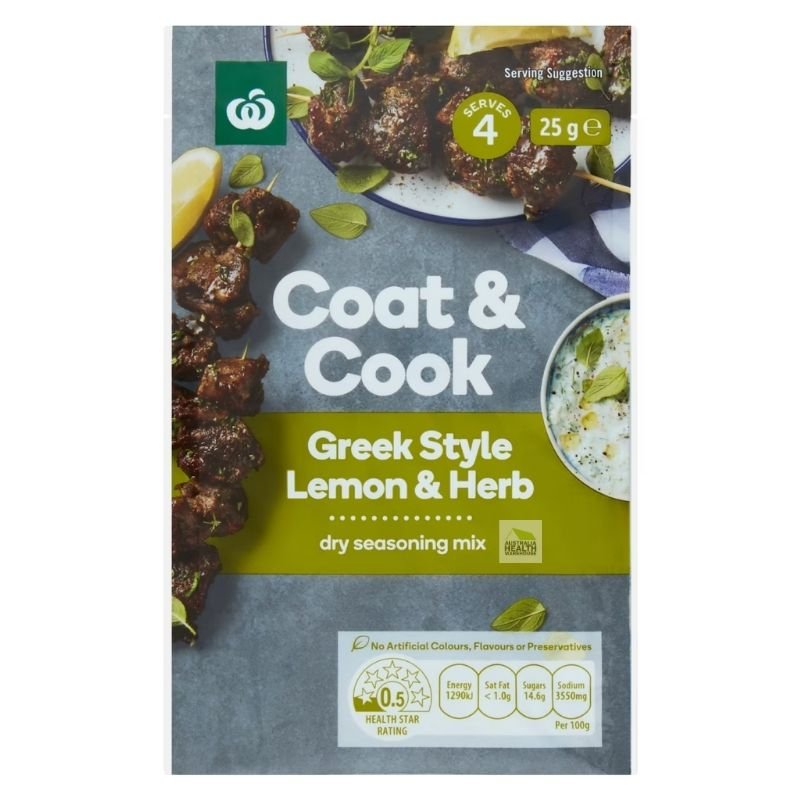 [Expiry Date: 20/06/2027] Woolworths Coat & Cook Seasoning Mix Greek Style Lemon & Herb 25g