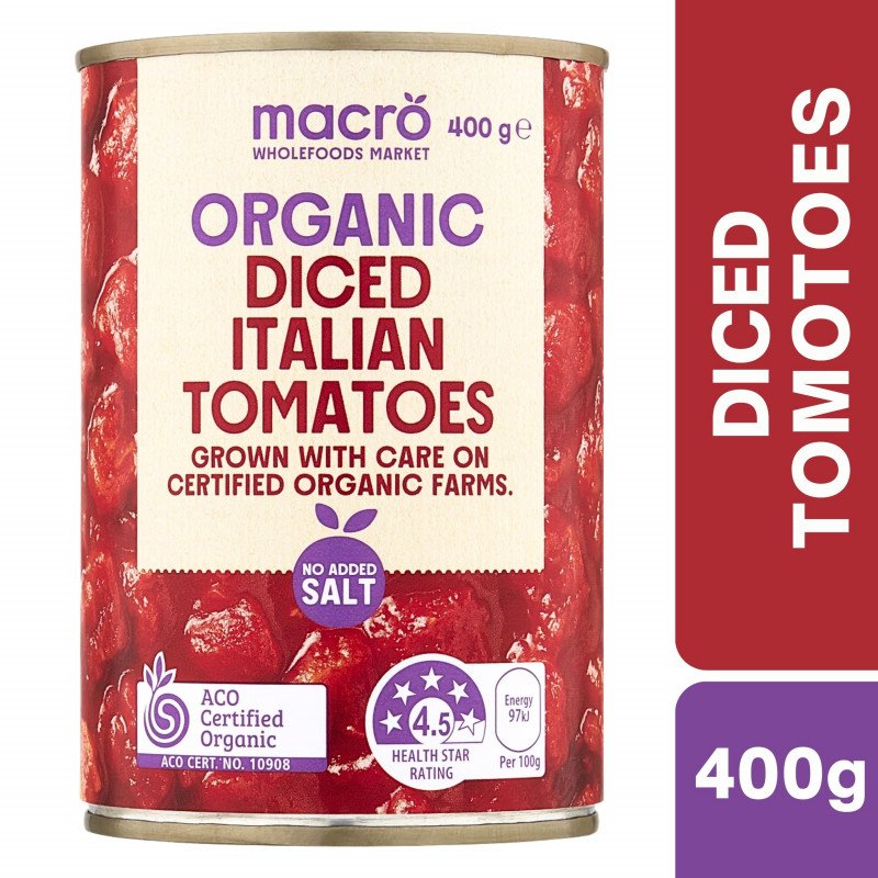 [Expiry: 31/08/2028] Woolworths Macro Organic Tomatoes Diced No Added Salt 400g