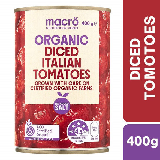 [Expiry: 31/08/2028] Woolworths Macro Organic Tomatoes Diced No Added Salt 400g