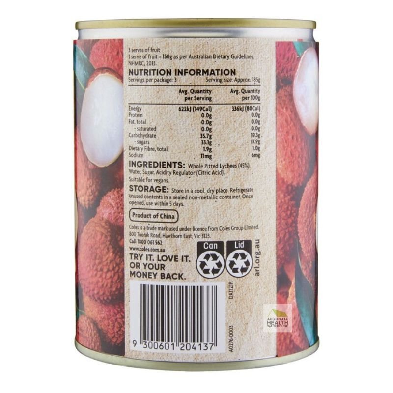 [CLEARANCE Expiry Date: 09/07/2026] Coles Whole Pitted Lychees in Syrup 560g