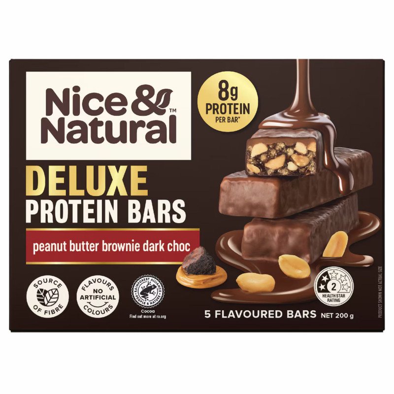 [CLEARANCE Expiry Date: 26/10/2026] Nice & Natural Deluxe Protein Bars Peanut Butter Brownie Dark Choc 5 Pack 200g