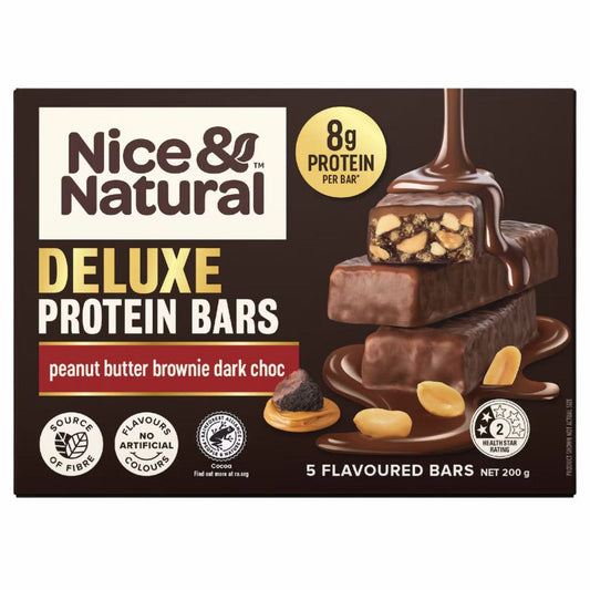 [CLEARANCE Expiry Date: 26/10/2026] Nice & Natural Deluxe Protein Bars Peanut Butter Brownie Dark Choc 5 Pack 200g