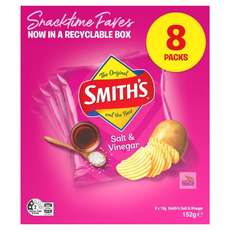 [Expiry: 01/03/2026] Smith's Salt & Vinegar Flavoured Crinkle Cut Potato Chips 8 x 19g Pack