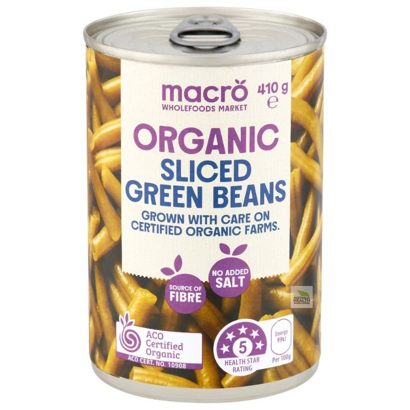 [Expiry: 01/08/2028] Woolworths Macro Organic Sliced Green Beans 410g