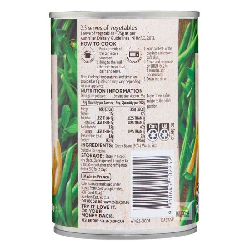 [Expiry Date: 31/08/2027] Coles Sliced Green Beans 410g