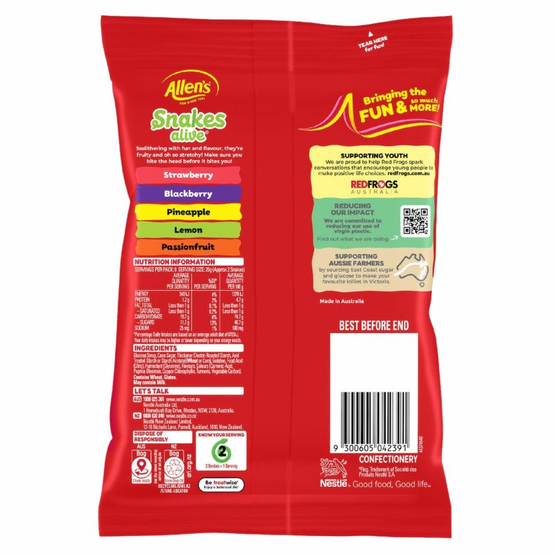 [Expiry: 01/2027] Allen's Snakes Alive Lollies 200g