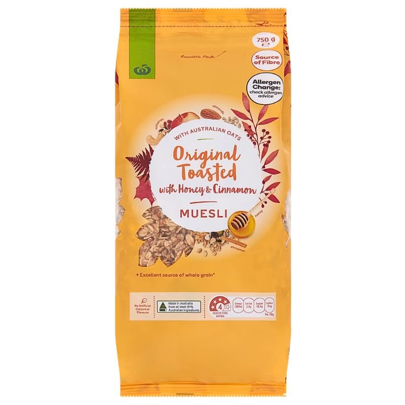 [CLEARANCE Expiry Date: 24/07/2026] Woolworths Toasted Honey & Cinnamon Muesli 750g