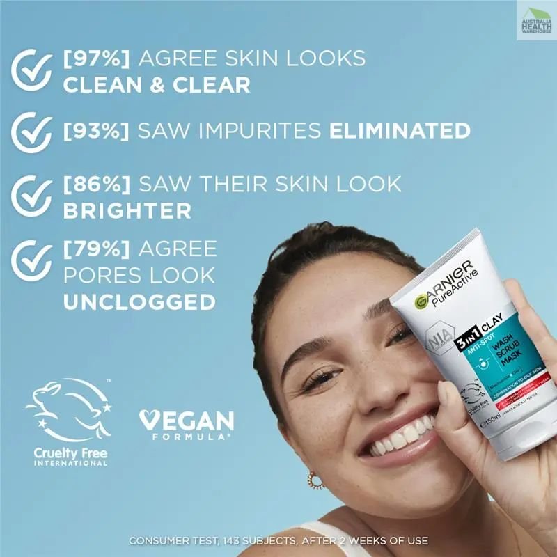 Garnier Pure Active 3 in 1 Wash, Scrub & Mask 150mL