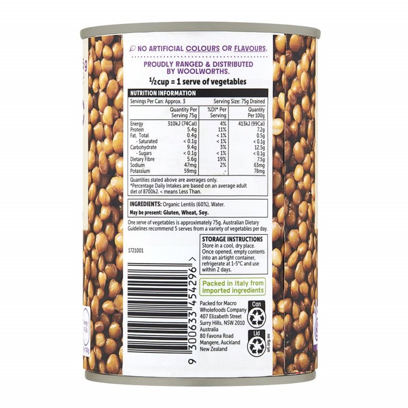 [Expiry: 07/2028] Woolworths Macro Organic Lentils 425g