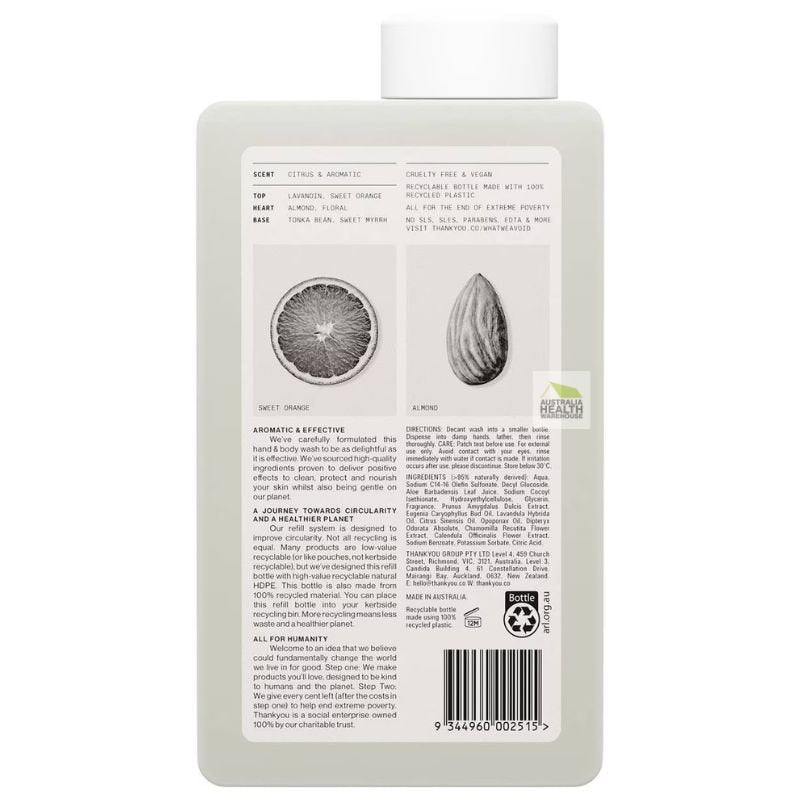 Thankyou Botanical Sweet Orange & Almond Hand & Body Wash 1 Litre Refill